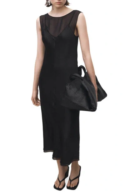 Mango Contrasting Sleeveless Satin Maxi Dress In Black
