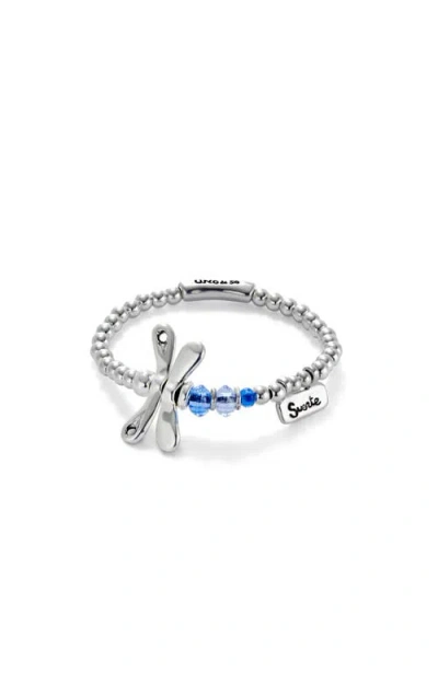 Unode50 Elastic Bracelet With Sterling Silver Plated Dragonfly With Blue Crystals In Silver