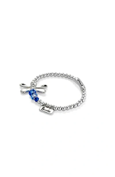 Unode50 Elastic Bracelet With Sterling Silver Plated Dragonfly With Blue Crystals In Silver
