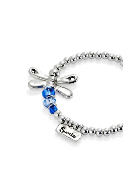 Unode50 Elastic Bracelet With Sterling Silver Plated Dragonfly With Blue Crystals In Silver