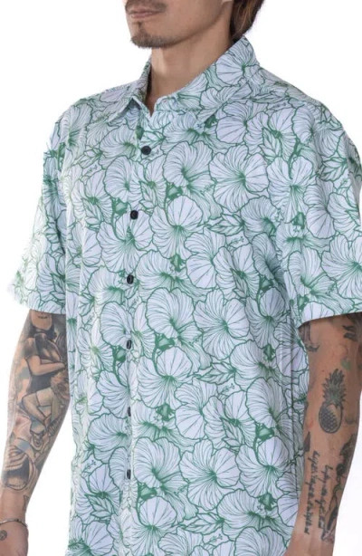 Vast Hibiscus Print Floral Short Sleeve Performance Button-up Shirt In Green