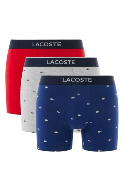 Lacoste Assorted 3-pack Stretch Cotton Boxer Briefs In Methylene/silver Chine/red