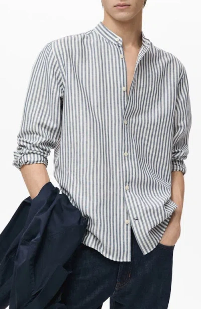 Mango Mandarin Collar Linen & Cotton Button-up Shirt In Dark Navy