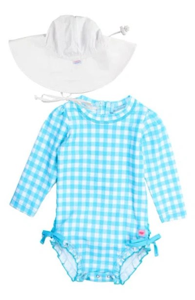 Rufflebutts Bright Aqua Gingham Long Sleeve One-piece Rashguard Swimsuit & Hat Set In White/blue