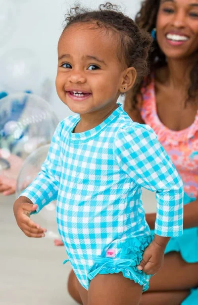Rufflebutts Bright Aqua Gingham Long Sleeve One-piece Rashguard Swimsuit & Hat Set In White/blue