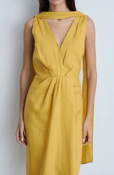 Mango Scarf Detail Sleeveless Linen Midi Dress In Mustard