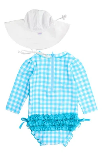 Rufflebutts Bright Aqua Gingham Long Sleeve One-piece Rashguard Swimsuit & Hat Set In White/blue