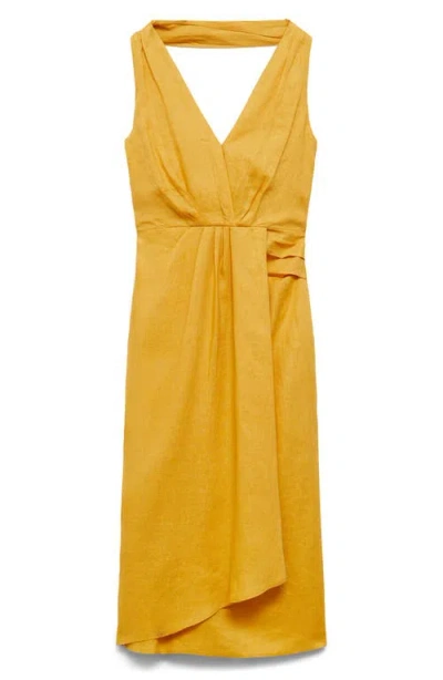 Mango Scarf Detail Sleeveless Linen Midi Dress In Mustard