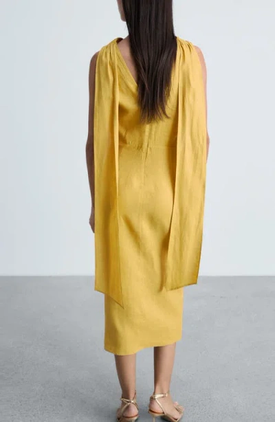 Mango Scarf Detail Sleeveless Linen Midi Dress In Mustard