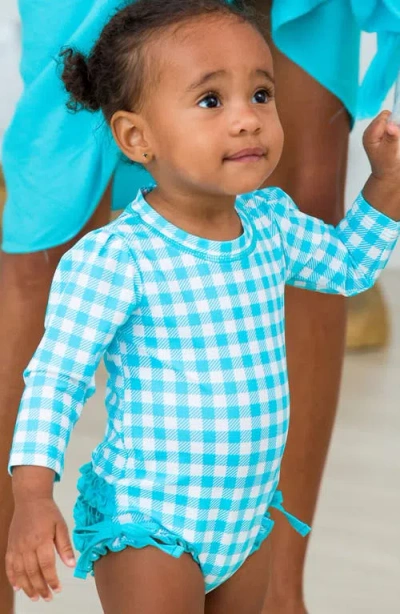 Rufflebutts Bright Aqua Gingham Long Sleeve One-piece Rashguard Swimsuit & Hat Set In White/blue
