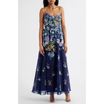 Tahari Asl Floral Silky Organza Cocktail Dress In Blue