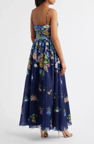 Tahari Asl Floral Silky Organza Cocktail Dress In Blue