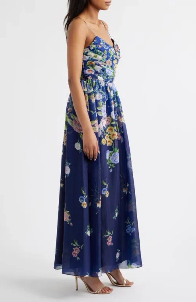 Tahari Asl Floral Silky Organza Cocktail Dress In Blue