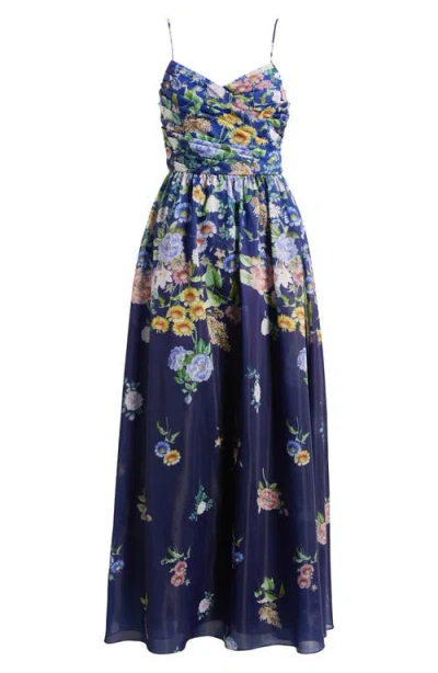 Tahari Asl Floral Silky Organza Cocktail Dress In Blue