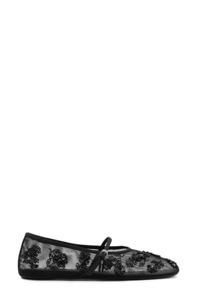 Mango Buckle Strap Floral Embellished Mesh Ballerina Flat In Black