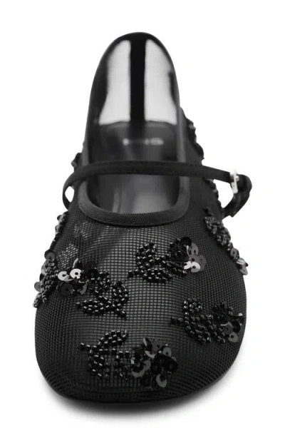 Mango Buckle Strap Floral Embellished Mesh Ballerina Flat In Black