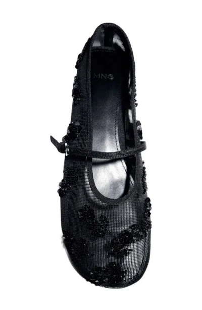 Mango Buckle Strap Floral Embellished Mesh Ballerina Flat In Black