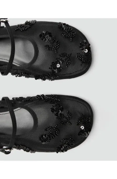 Mango Buckle Strap Floral Embellished Mesh Ballerina Flat In Black