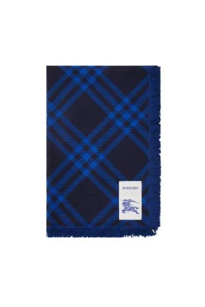 Shop Burberry Wide Check Wool Silk Scarf In Ink/blue