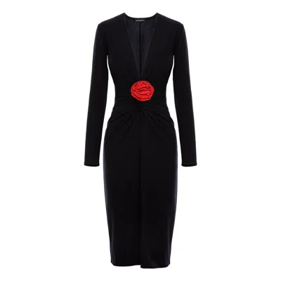 Roserry Women's Mallorca Jersey Midi Dress With Red Fixed Rosette Detail In Black In Black