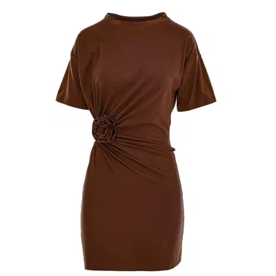Roserry Women's Brown Carmen Mini Dress With Fixed Rosette Detail In Mocha In Brown