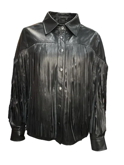 Any Old Iron Women's Black Leather Fringe Button Up Shirt In Black