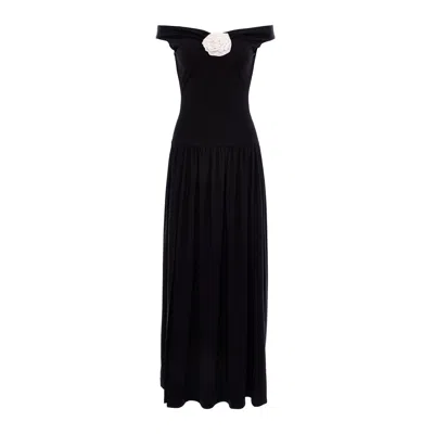 Roserry Women's Venice Maxi A-line Jersey Dress With White Fixed Rosette In Black In Black