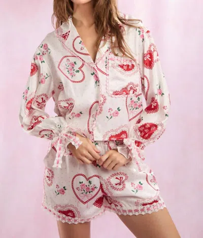 Peach Love Heart Lace Satin Pajama Set In White/pink In Multi