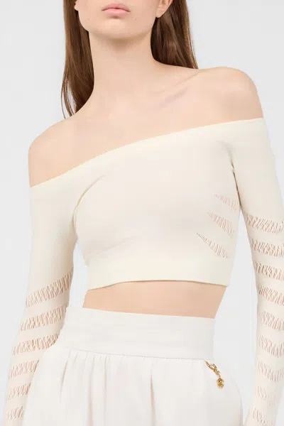Roberto Cavalli Open-shoulder Crop Top In Ivory