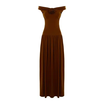 Roserry Women's Brown Venice Maxi A-line Jersey Dress With White Fixed Rosette In Mocha In Brown