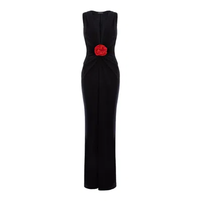 Roserry Women's Mallorca Jersey Sleeveless Maxi Dress With Red Fixed Rosette Detail In Black In Black