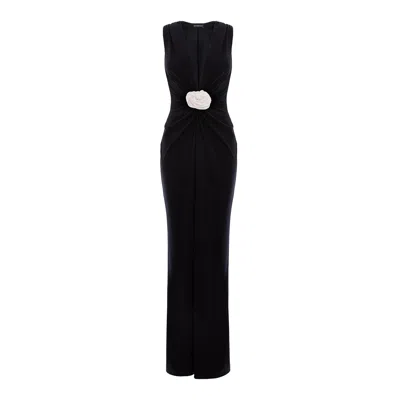 Roserry Women's Mallorca Jersey Sleeveless Maxi Dress With White Fixed Rosette Detail In Black In Black
