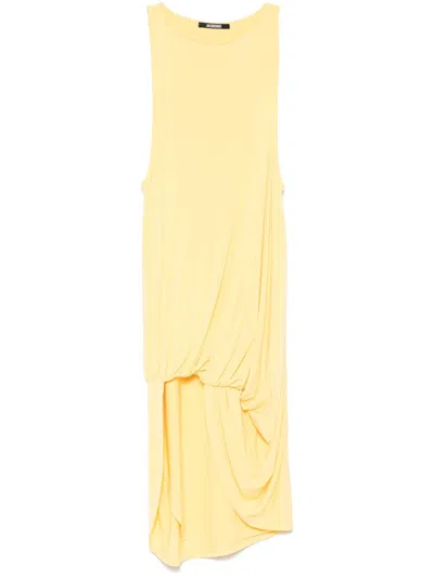 Jacquemus Draped Yellow Mini Dress With Unique Hem Knot In Yellow