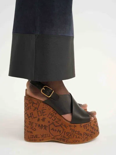 Chloé Maxime Leather Slingback Platform Wedge Sandals In Black