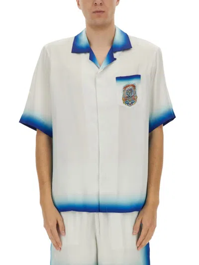 Casablanca White Shirt With Cuban Collar And Maxi Logo Printed On The Back In Silk Man In Multicolour