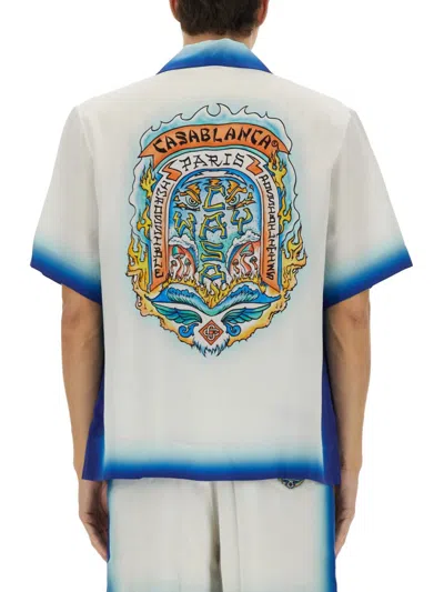 Casablanca White Shirt With Cuban Collar And Maxi Logo Printed On The Back In Silk Man In Multicolour
