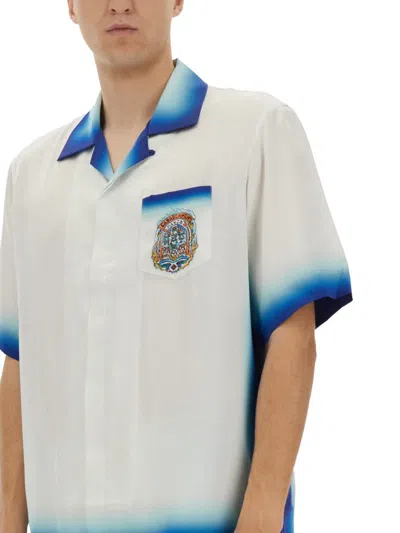 Casablanca White Shirt With Cuban Collar And Maxi Logo Printed On The Back In Silk Man In Multicolour