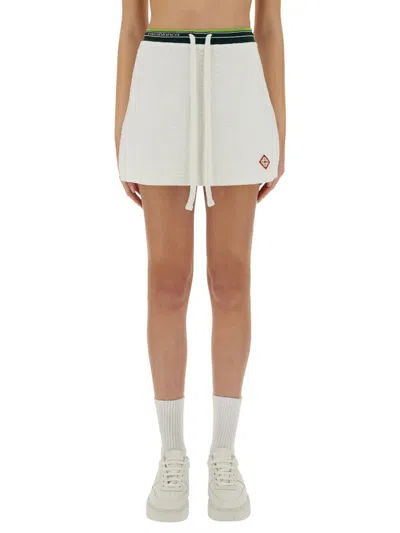 Casablanca Textured Fabric Tennis Skirt With Drawstring Waist In White