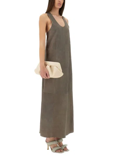 Alysi Sleeveless Leather Maxi Dress With Deep V-neckline In Grey