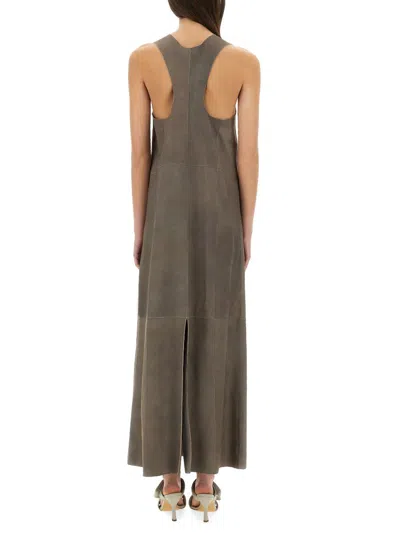 Alysi Sleeveless Leather Maxi Dress With Deep V-neckline In Grey