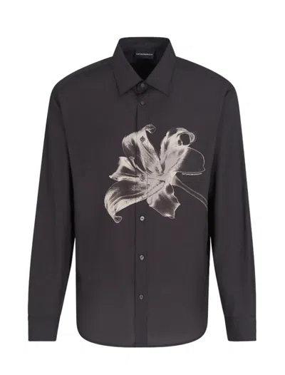 Emporio Armani Asv Lyocell Blend Shirt With Lily Print In Bristol Black/ Roast