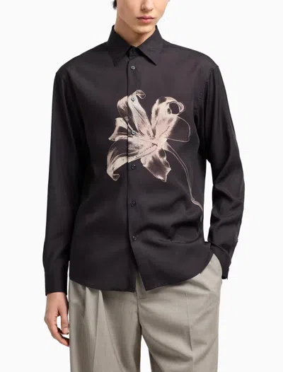 Emporio Armani Asv Lyocell Blend Shirt With Lily Print In Bristol Black/ Roast