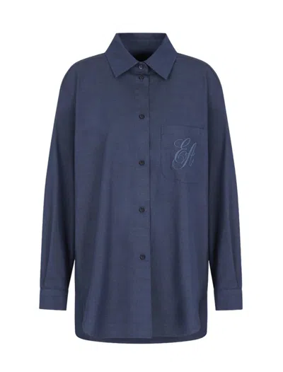 Emporio Armani Yarn-dyed Shirt With Embroidered Logo In Blue