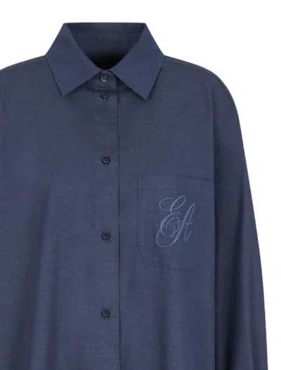 Emporio Armani Yarn-dyed Shirt With Embroidered Logo In Blue