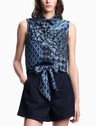 Emporio Armani All-over Print Denim Waistcoat In Blue Fancy