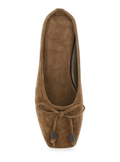 Brunello Cucinelli Beige Ballet Shoes With Square Toe And Bow With Monil Detail In Beige