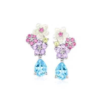 Ross-simons Swiss Blue Topaz And . Multi-gemstone Floral Drop Earrings With Mother-of-pearl And Lab-grown Diamon In Blue