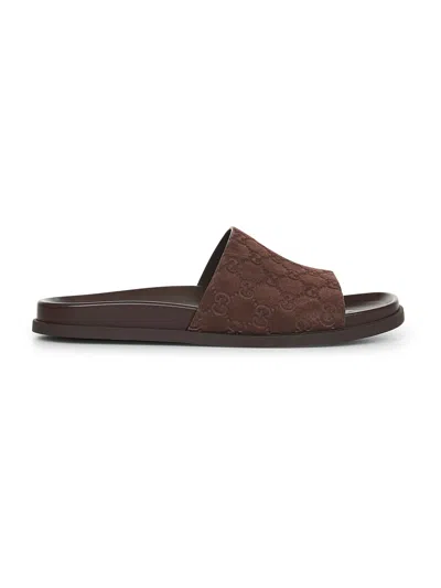 Gucci Brown Suede Open-toe Sandals With Logo Pattern In Beige