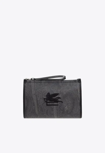 Etro Large Essential Paisley-print Pouch Bag In Black