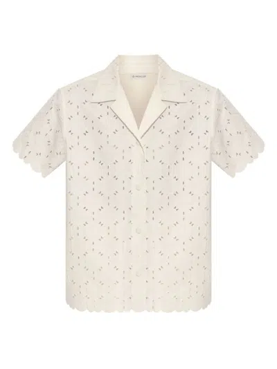 Moncler Short-sleeve Cotton Blend Shirt With Embroidered Design In White